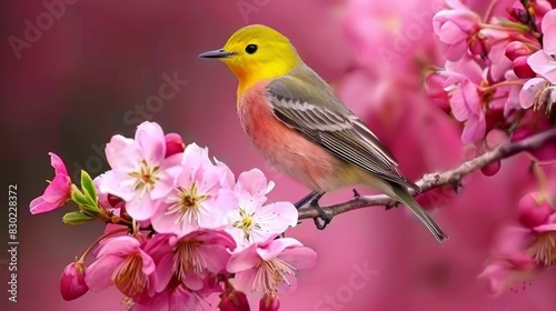  A bird perches on a tree branch, surrounded by pink flowers in the foreground The background faintly displays a blend of pink and yellow blooms © Jevjenijs