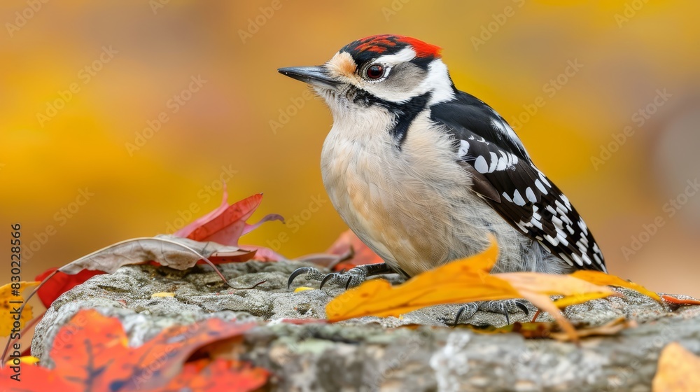 A tight shot of a bird perched on a rock, surrounded by leaves in shades of green in the foreground Background features autumn hues with yellow, red, and orange leaves A tight shot of a bird perched on a rock, surrounded by leaves in shades of green in the foreground Background features autumn hues with yellow, red, and orange leaves
