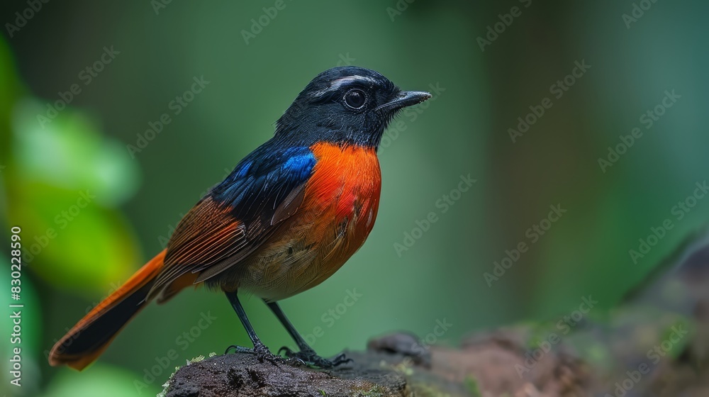 A close-up of a small bird on a branch against a blurred background The backdrop consists of a green leafy area with hues of blue, red, black, orange, A close-up of a small bird on a branch against a blurred background The backdrop consists of a green leafy area with hues of blue, red, black, orange,