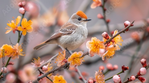  A small bird perches on a tree branch, surrounded by orange and white flowers in the foreground The background softly blends into a mix of pink and yellow flowers