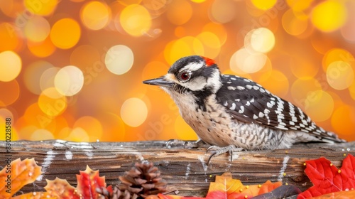  A small bird perches on a wooden slice, near a mound of leaves and a pine cone Surrounding them, an indistinct backdrop of orange and yellow hues photo