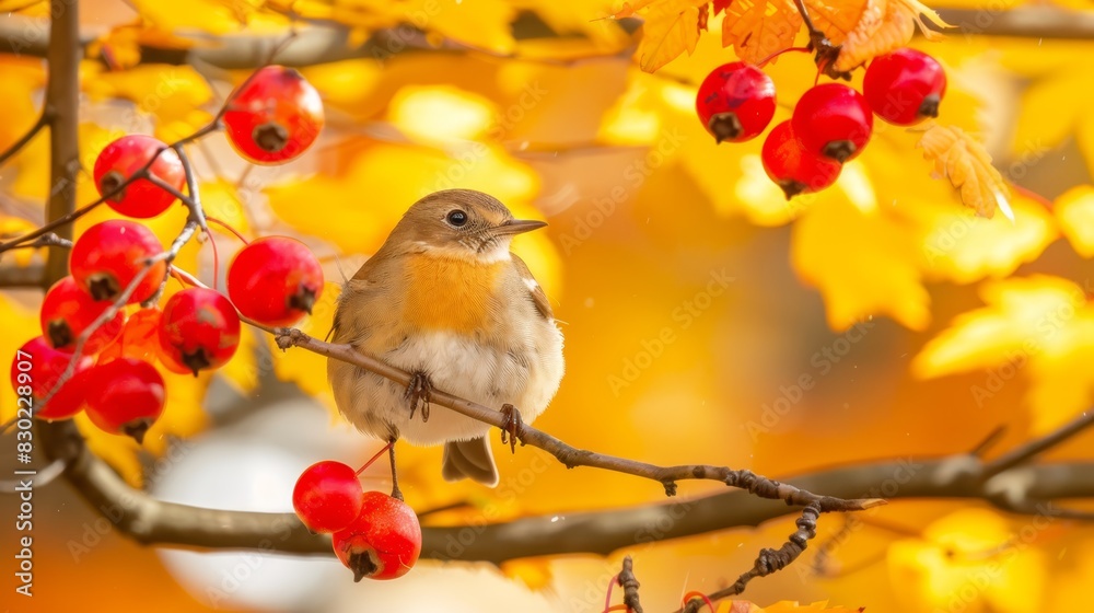  A small bird perches on a branch, surrounded by red berries The tree's branches bear these berries, while a yellow tree stands behind with leaves matching its name