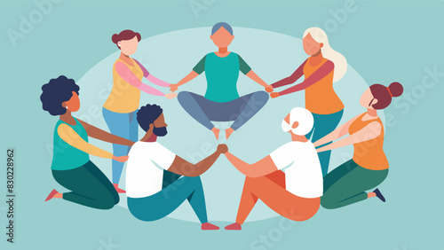 A circle of people of all ages and abilities form to practice partner yoga creating a beautiful display of trust and support within the community.. Vector illustration
