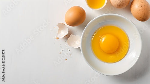 Fresh eggs on white table with cracked shells and bowl of egg yolk. Perfect for cooking. High-quality stock photo for culinary projects. Minimalist style. AI