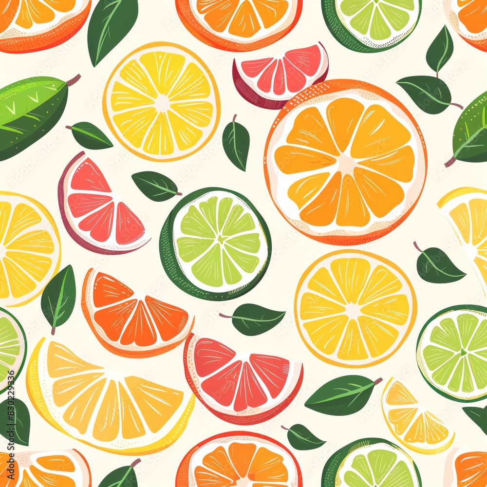Colorful citrus fruit pattern with oranges, lemons, limes, and grapefruits. Hand-drawn vector illustration perfect for summer themes.