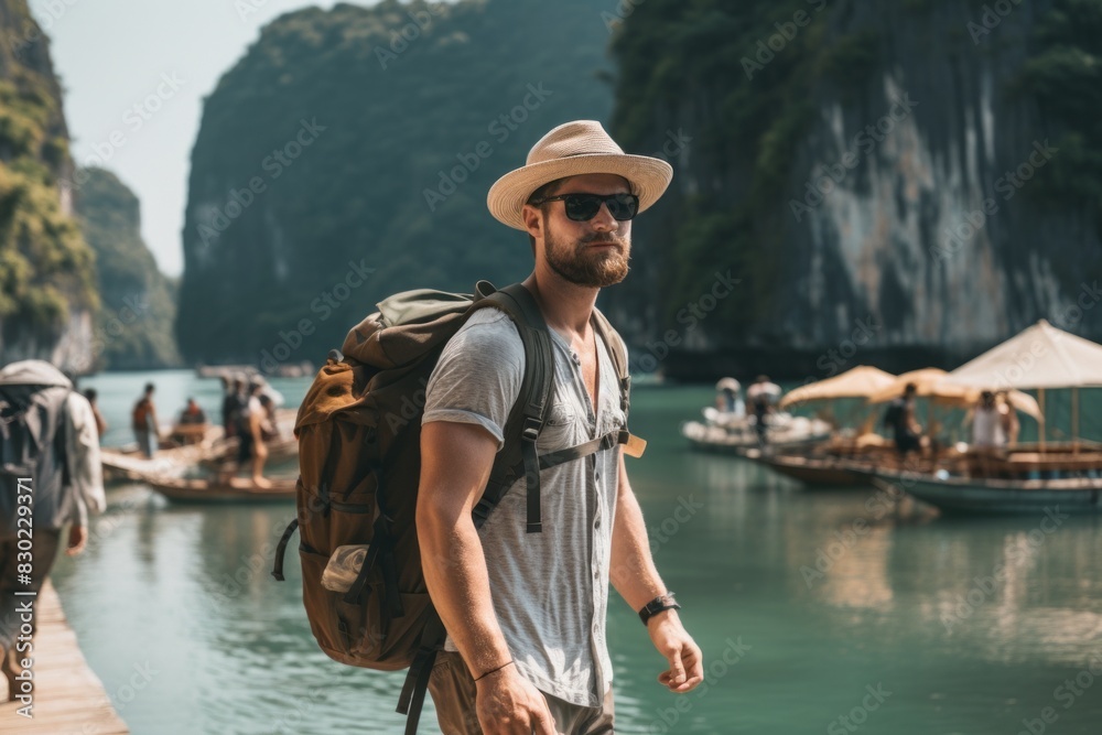 A man with a beard wearing a hat and sunglasses, carrying a large backpack, stands on a dock with boats and people in the background. A man with a beard wearing a hat and sunglasses, carrying a large backpack, stands on a dock with boats and people in the background.