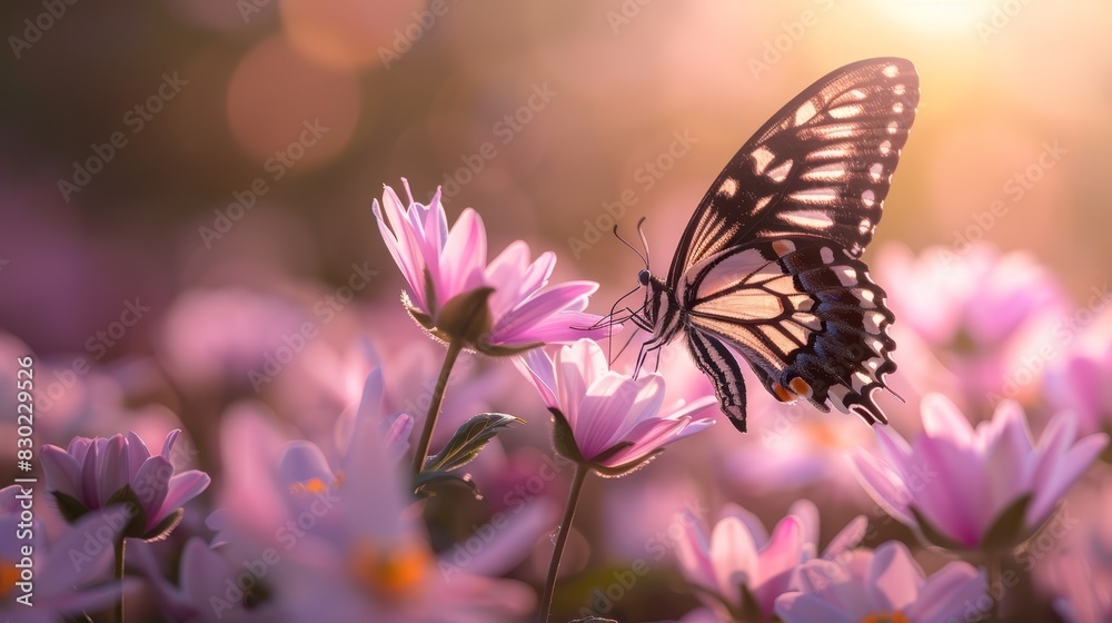  A butterfly sits on a pink flower in a field of purple flowers, with the sun shining through its wings