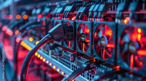 The image shows a close-up of a computer server with multiple cooling fans. The server is lit up with red and blue lights.
