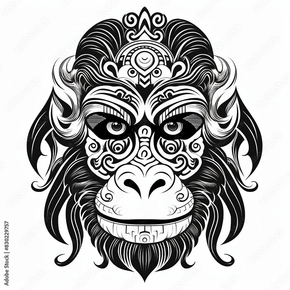 Fototapeta premium Tribal Monkey Face Black and White Tattoo-Inspired T-Shirt Design