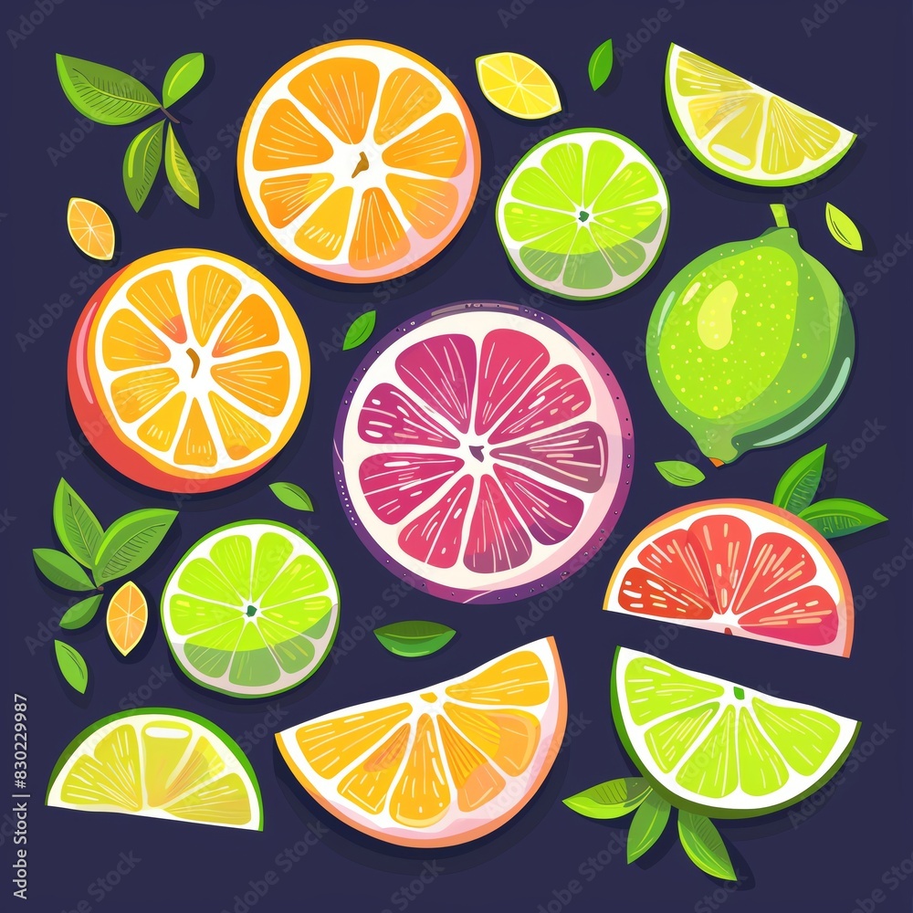 Colorful vector illustration of various citrus fruits with leaves on dark background. Perfect for healthy food and tropical designs.