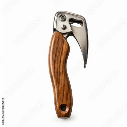 Wooden can opener with a rustic, handcarved handle, isolated solid white background photo