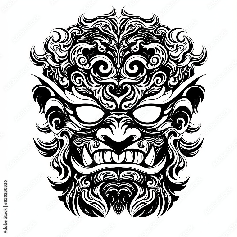 Tribal Monkey Face Black and White Tattoo-Inspired T-Shirt Design