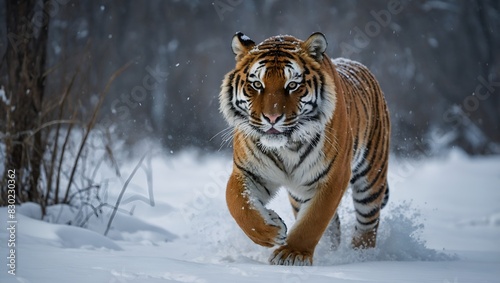 Tiger in wild winter nature. Amur tiger running in the snow. Action wildlife scene with danger animal. Cold winter in tajga  Russia