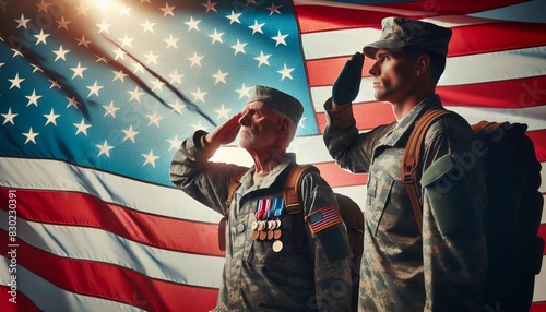 Two soldiers in front of US flag - Two military personnel stand before an American flag, symbolizing patriotism and service photo