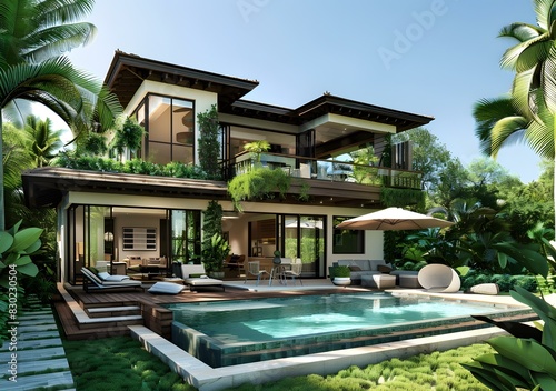 A modern tropical villa with a pool © duyina1990