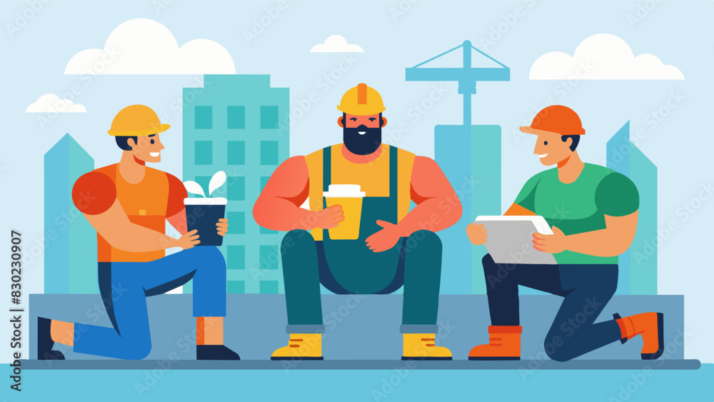A group of construction workers taking a break on a building site chatting about the expectations of having a tough and muscular physique in their line of work.. Vector illustration A group of construction workers taking a break on a building site chatting about the expectations of having a tough and muscular physique in their line of work.. Vector illustration