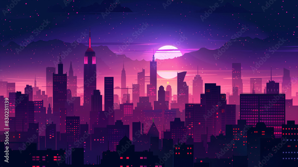A city skyline at sunset with a large sun low on the horizon, casting a purple and pink hue over the scene A city skyline at sunset with a large sun low on the horizon, casting a purple and pink hue over the scene