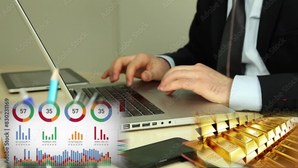 Ejecutivo emprendedor, inversionista, trabajando en su laptop y tablet con un gráfico de valores y variaciones  de precios que se mueven, y lingotes de oro que circulan simbolizando sus ganancias.
