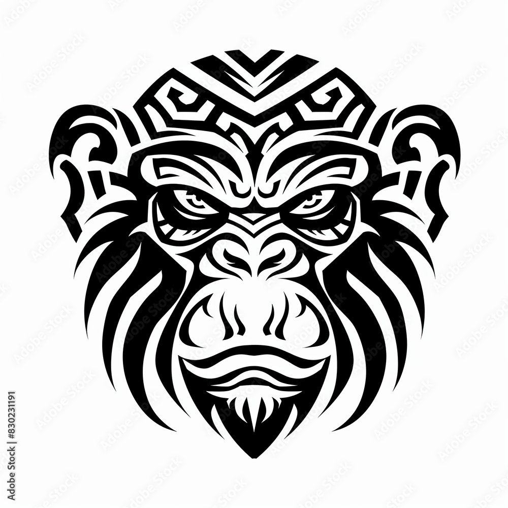 Fototapeta premium Tribal Monkey Face Black and White Tattoo-Inspired T-Shirt Design