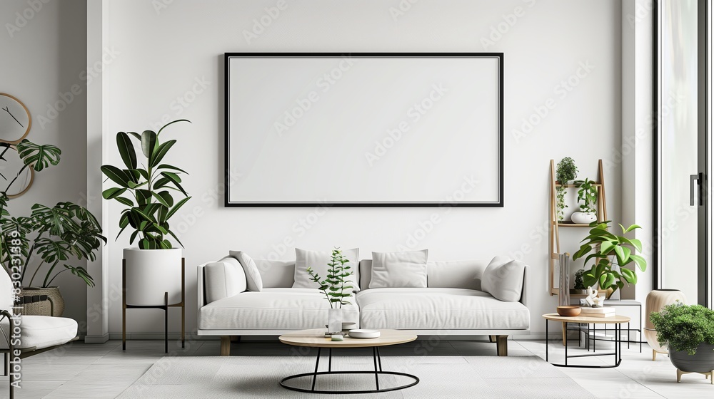Modern interior room design with wall furniture, white floor home living, frame style poster decor, house template blank sofa, background empty apartment mock, comfortable Modern interior room design with wall furniture, white floor home living, frame style poster decor, house template blank sofa, background empty apartment mock, comfortable