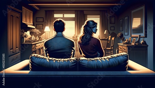 A poignant scene of a husband and wife having a breakup, sitting back-to-back on a couch in their dimly lit living room, filled with tension and sadness.