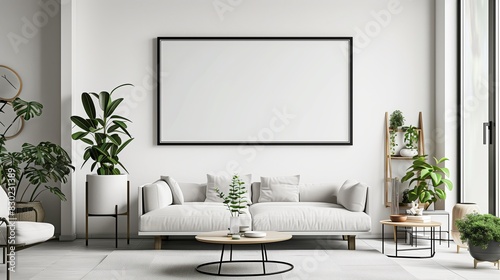 Modern interior room design with wall furniture, white floor home living, frame style poster decor, house template blank sofa, background empty apartment mock, comfortable
