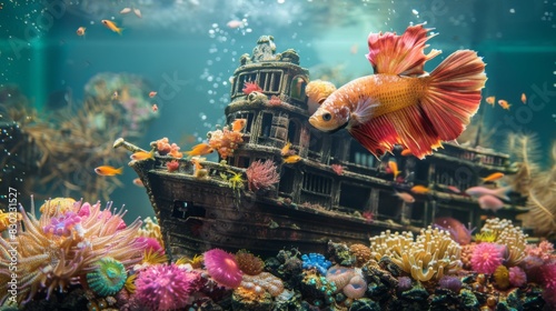 An underwater view of a betta fish exploring a sunken shipwreck decoration in its aquarium, with colorful corals and artificial reefs.