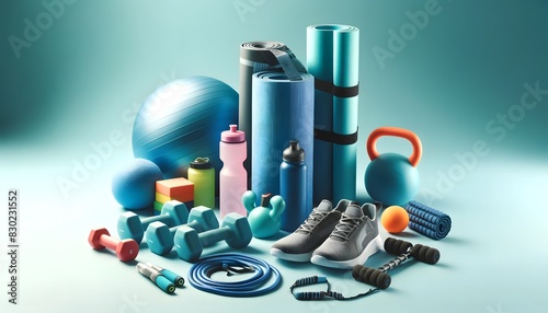 A well-organized collection of sports equipment featuring yoga mats, water bottles, dumbbells, and exercise balls, set against a teal background.