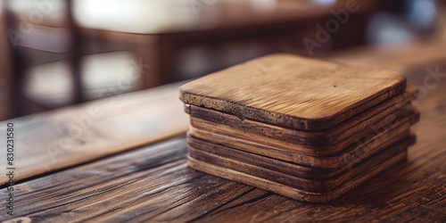 A stack of five wooden coasters on a wooden table stack of four wooden coasters on a wooden table