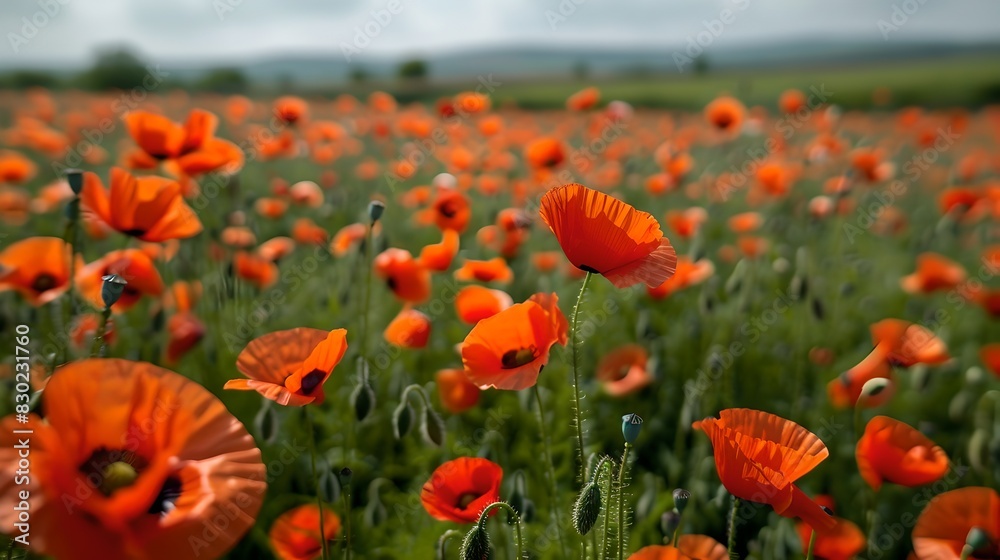 Obraz premium Beautiful vibrant field of red poppies. A close-up view showing stunning orange flowers in bloom. Ideal for nature, floral, or background themes. AI