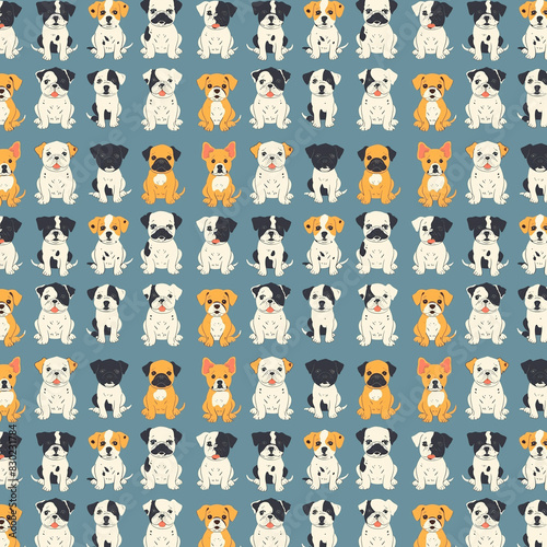  seamless pattern featuring a variety of stylized cartoon dogs in playful colors