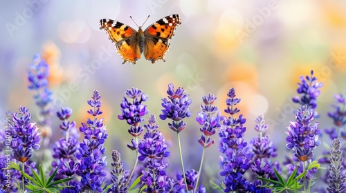  A butterfly flies above a field of purple flowers  surrounded by a softly blurred boke of light emanating from its wings  backs
