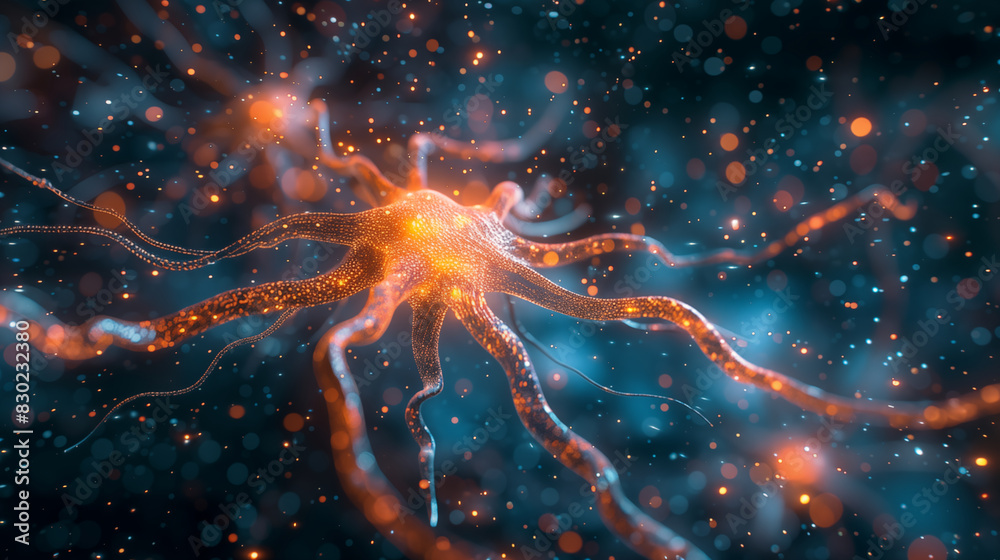 Close-up view of a neuron showing the links between information processing capacity. Concept of brain function and neural connections. Close-up view of a neuron showing the links between information processing capacity. Concept of brain function and neural connections.