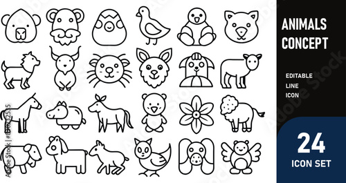 Animals related concept such as Dog, cat, horse,  pig, sheep, goat, chicken, bird, fish & many more editable stroke outline icons isolated on white background flat vector illustration