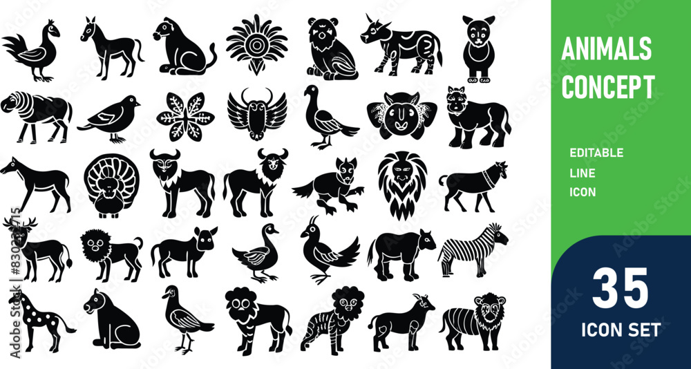 Animals related concept such as Dog, cat, horse, pig, sheep, goat, chicken, bird, fish & many more editable stroke outline icons isolated on white background flat vector illustration Animals related concept such as Dog, cat, horse, pig, sheep, goat, chicken, bird, fish & many more editable stroke outline icons isolated on white background flat vector illustration