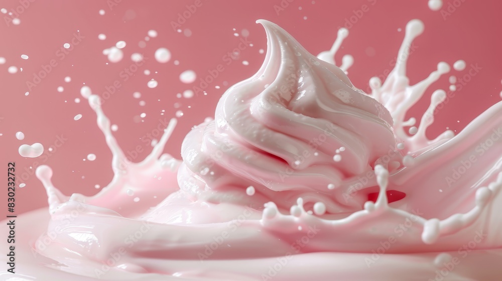 Close-up of milkshake on pink background, topped with a splash of white liquid and splash effect Close-up of milkshake on pink background, topped with a splash of white liquid and splash effect
