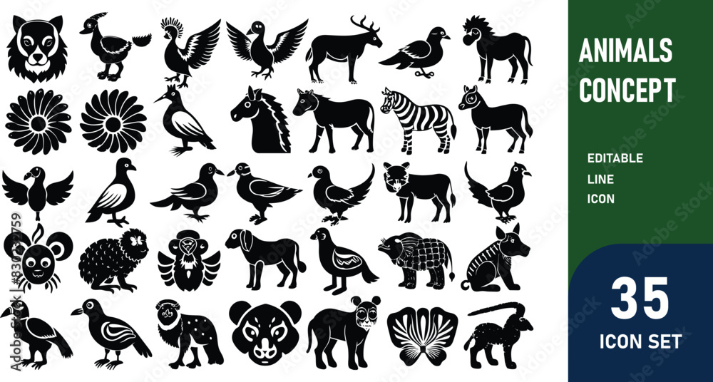 Obraz premium Animals related concept such as Dog, cat, horse, pig, sheep, goat, chicken, bird, fish & many more editable stroke outline icons isolated on white background flat vector illustration