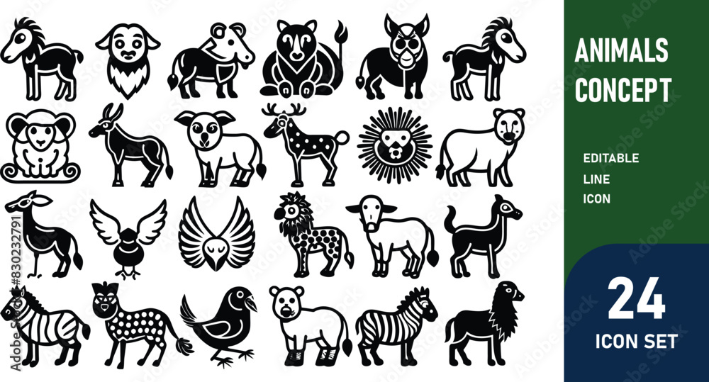 Animals related concept such as Dog, cat, horse, pig, sheep, goat, chicken, bird, fish & many more editable stroke outline icons isolated on white background flat vector illustration Animals related concept such as Dog, cat, horse, pig, sheep, goat, chicken, bird, fish & many more editable stroke outline icons isolated on white background flat vector illustration
