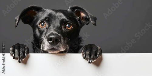 Patterdale Terrier A black dog with its paw on a white wall photo