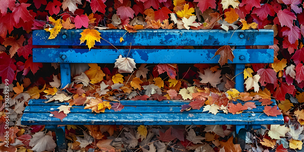 A blue wooden bench surrounded by colorful autumn maple fall leaves 