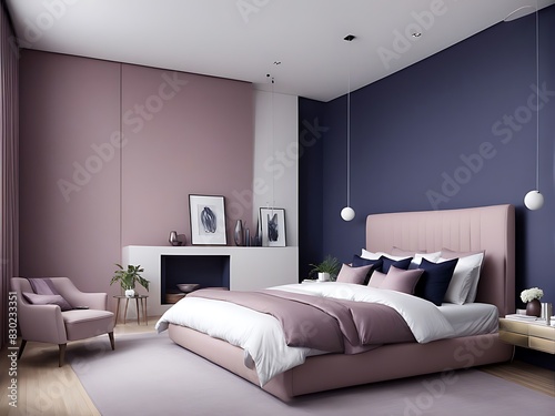 Premium mauve pink, lilac, and blue bedroom in a hotel or home with a big bed, dark navy bedding, empty background for art or wallpaper, painted wall, and decorative mirrors, 3D render   © Five Million Stocks