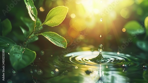  A drop of water atop a green leaf, ground covered, sun shines through leaves and surfaces of water droplets photo