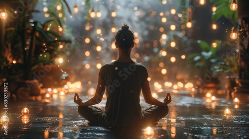The photo shows a woman meditating in a beautiful place