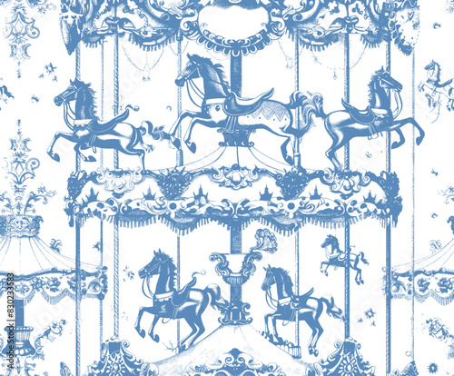 A seamless pattern featuring a vintage carousel with horses. The intricate, detailed design showcases classic merry-go-round horses in a sophisticated, nostalgic style. Perfect for textiles, wallpaper