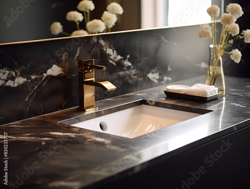 Close up of a dark marble sink in a modern luxury bathroom 