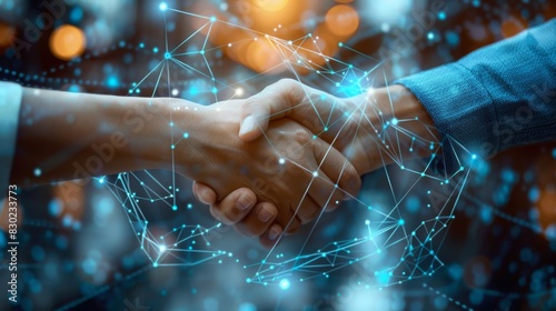 Two people of different skin tones shaking hands with a glowing blue background of connected dots representing a global network. photo