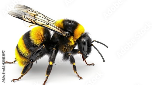  A tight shot of a bee against a white background, displaying black and yellow stripes on its head , and black and yellow wing stripes