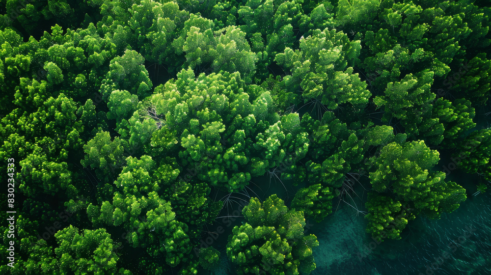 Naklejka premium A lush green forest with trees of various sizes and shapes