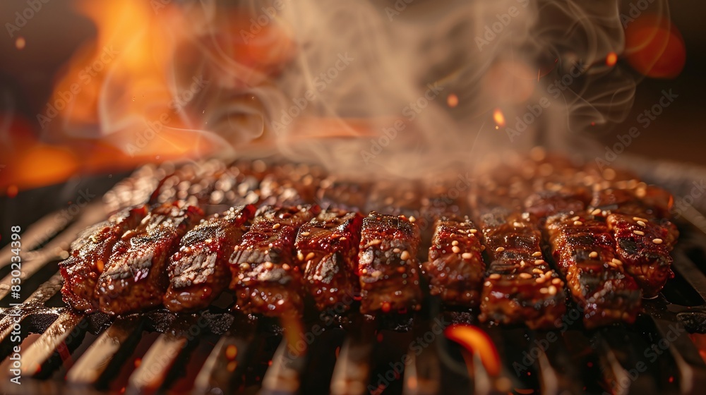 Bulgogi with marinated beef strips on a hot grill with flames and smoke. Studio food photography. Korean cuisine and barbecue concept Bulgogi with marinated beef strips on a hot grill with flames and smoke. Studio food photography. Korean cuisine and barbecue concept