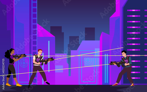 An exciting vector illustration of a variety of characters playing laser tag.